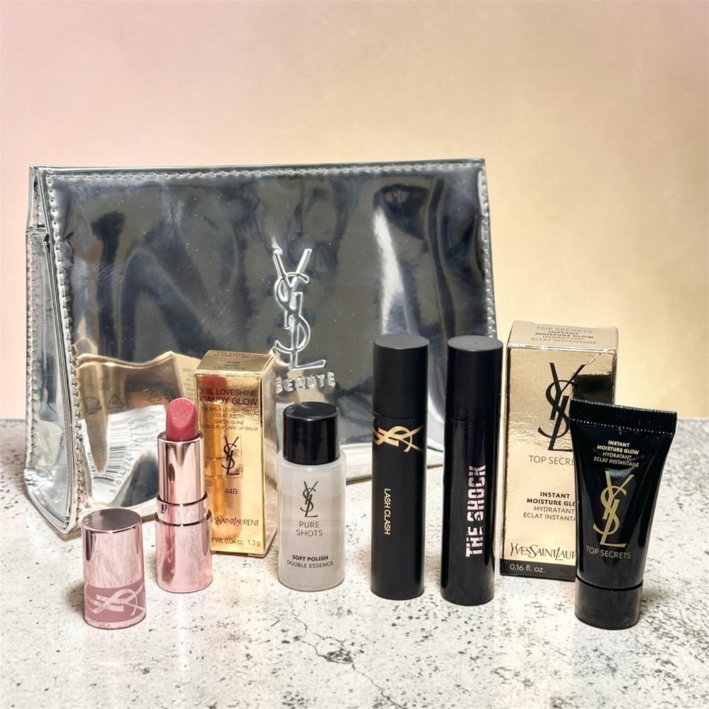6 PC YSL Makeup Set Mini Candy Glow Lipstick/Mascara/Moisture Glow Balm & Pouch